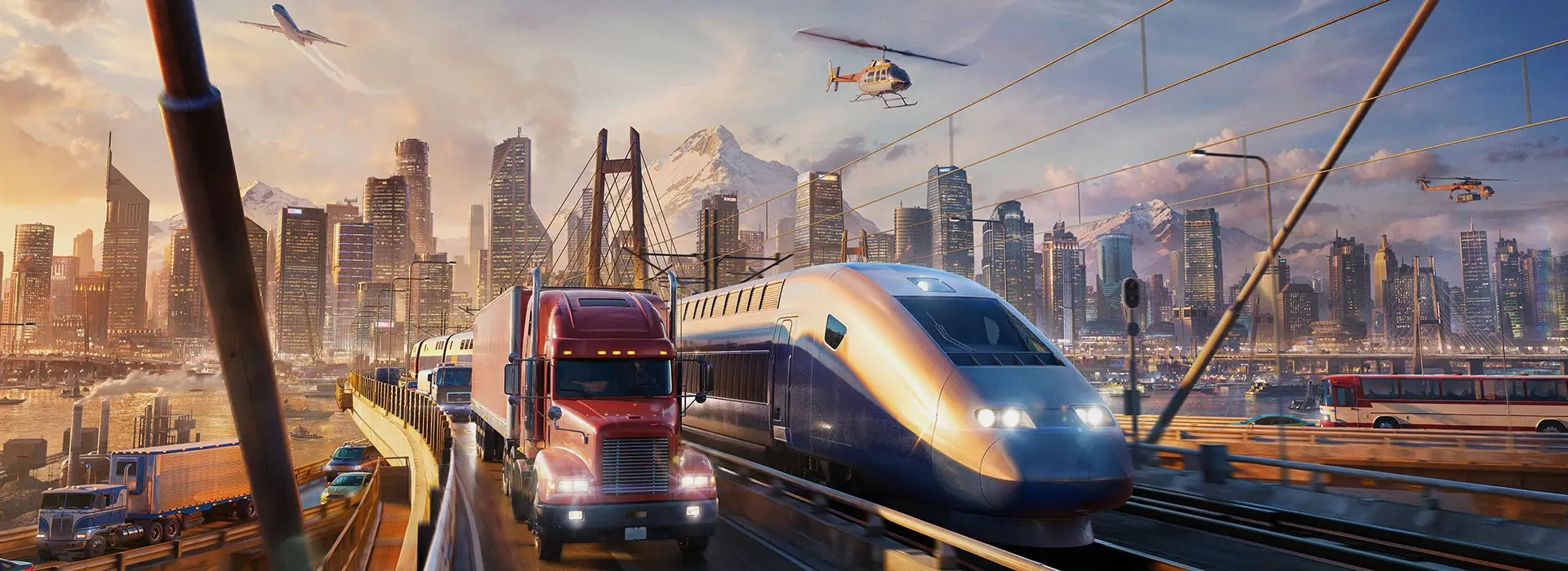 Official Transport Fever 3 scene showing transport infrastructure and a developed landscape